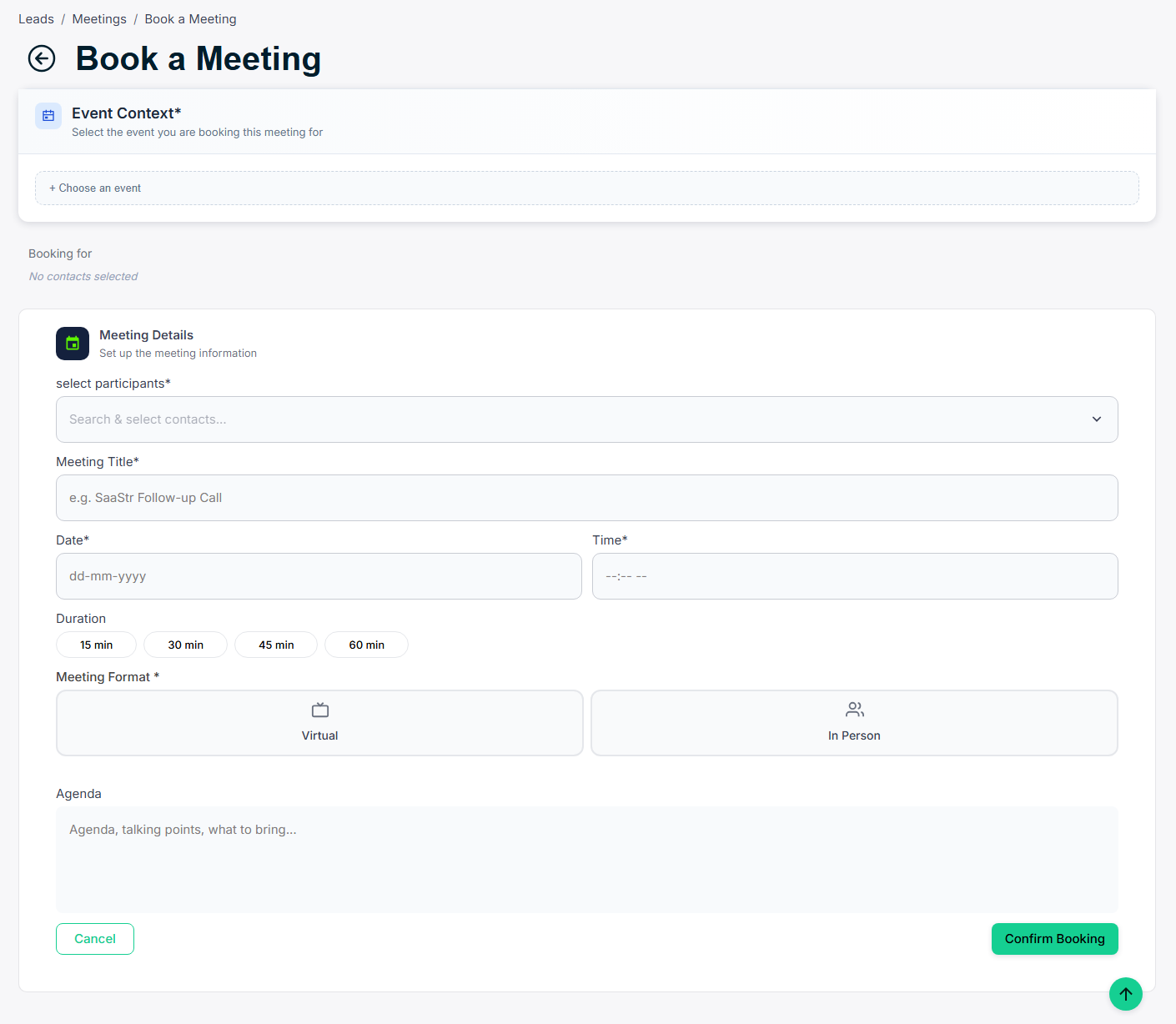 Book a Meeting form — all details in one form with automatic email invitation