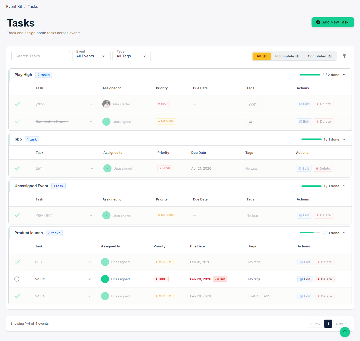 Task Lists — all contact lists with contact counts