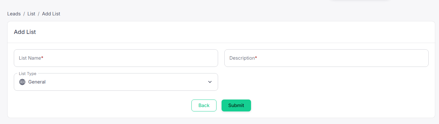 Create List form — name and description for your new contact list