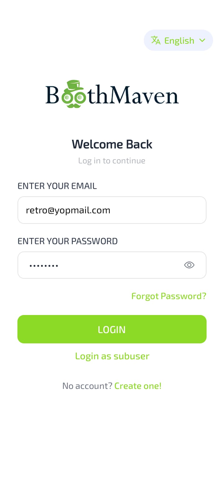 Login screen β enter your credentials or use sub-user login