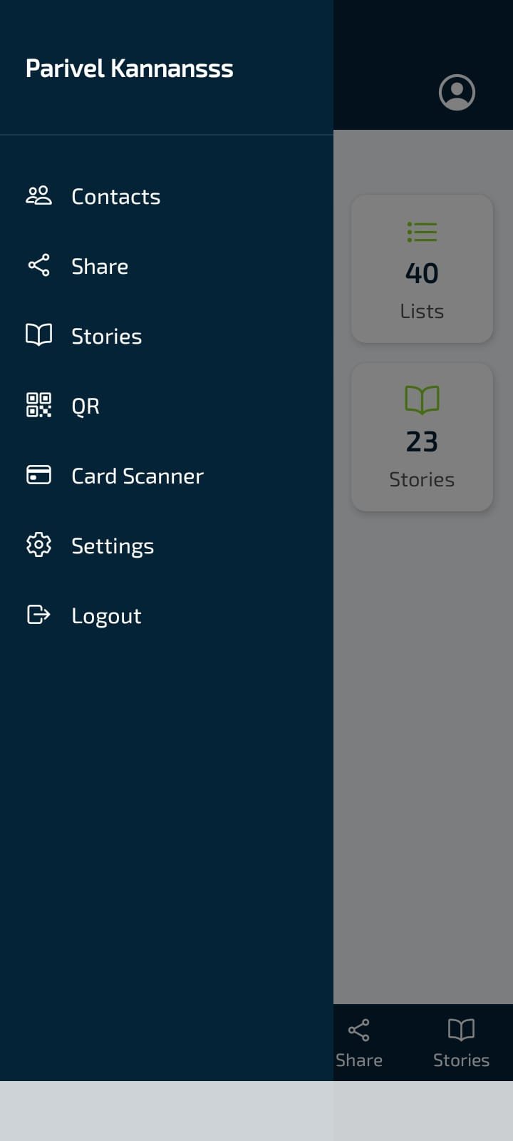 Side drawer β navigation, summary stats, and account settings