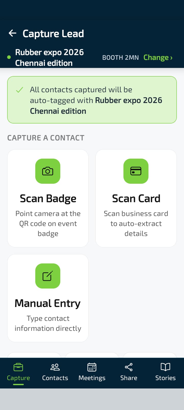 Capture screen — active event and three lead capture methods