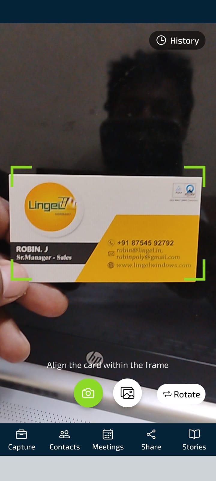 Card Scanner — align the business card within the green corner frame