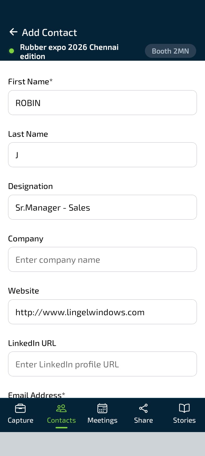Add Contact form after card scan — fields pre-filled; review and correct before saving