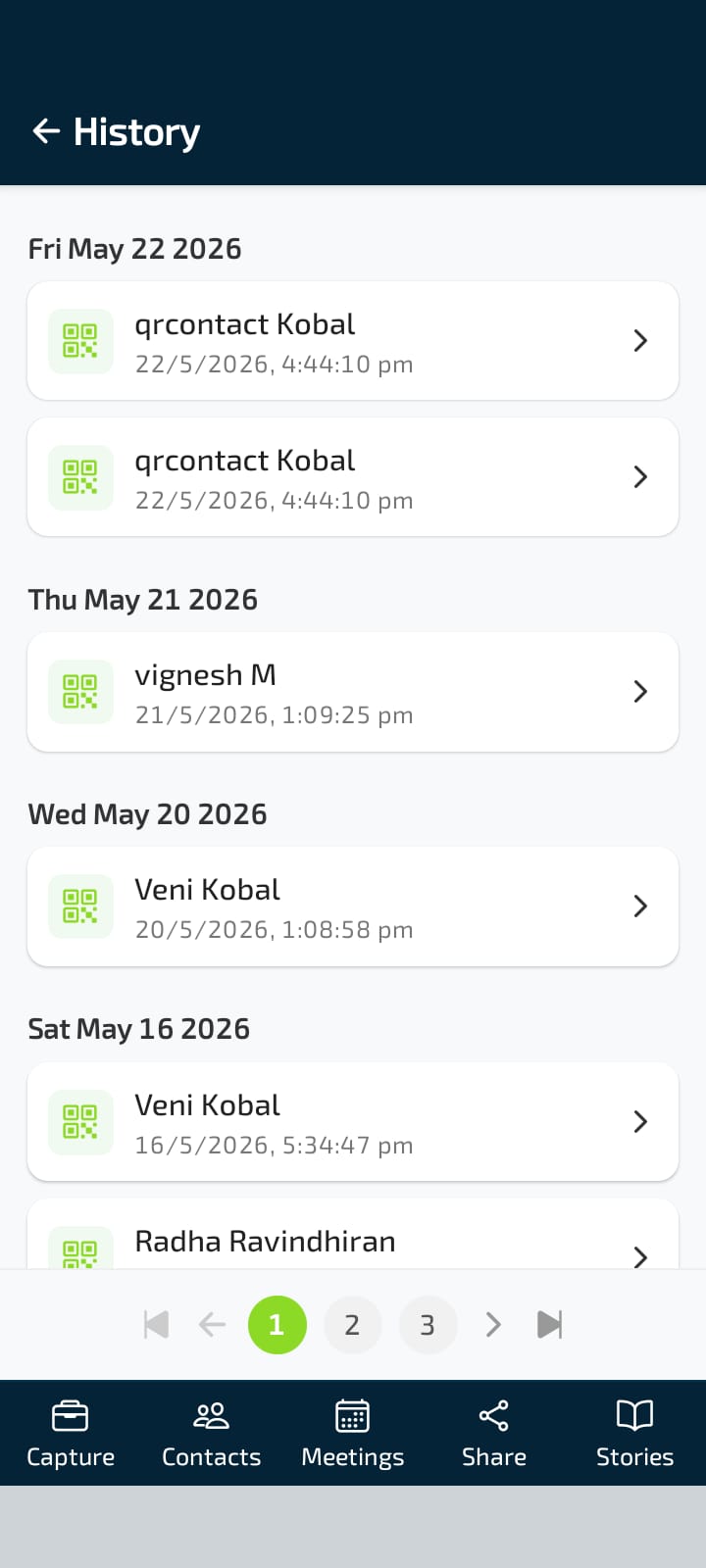 QR Scan History — chronological log of every badge scan