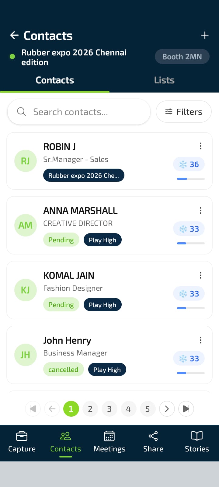 Contacts list — all leads with scores, event tags, and quick-action menus