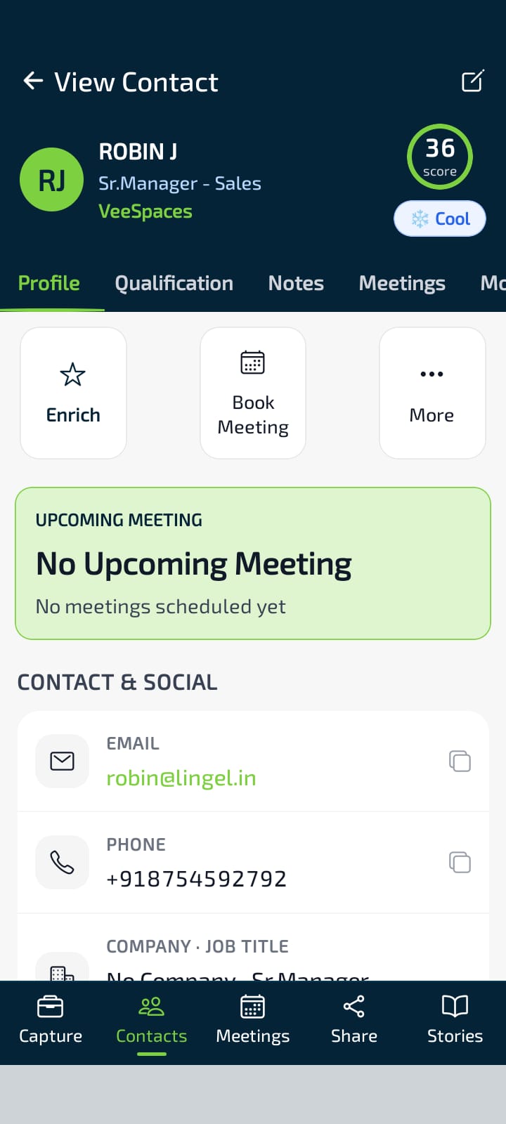 Contact Profile — tabs for Profile, Qualification, Notes, Meetings, and quick-action buttons