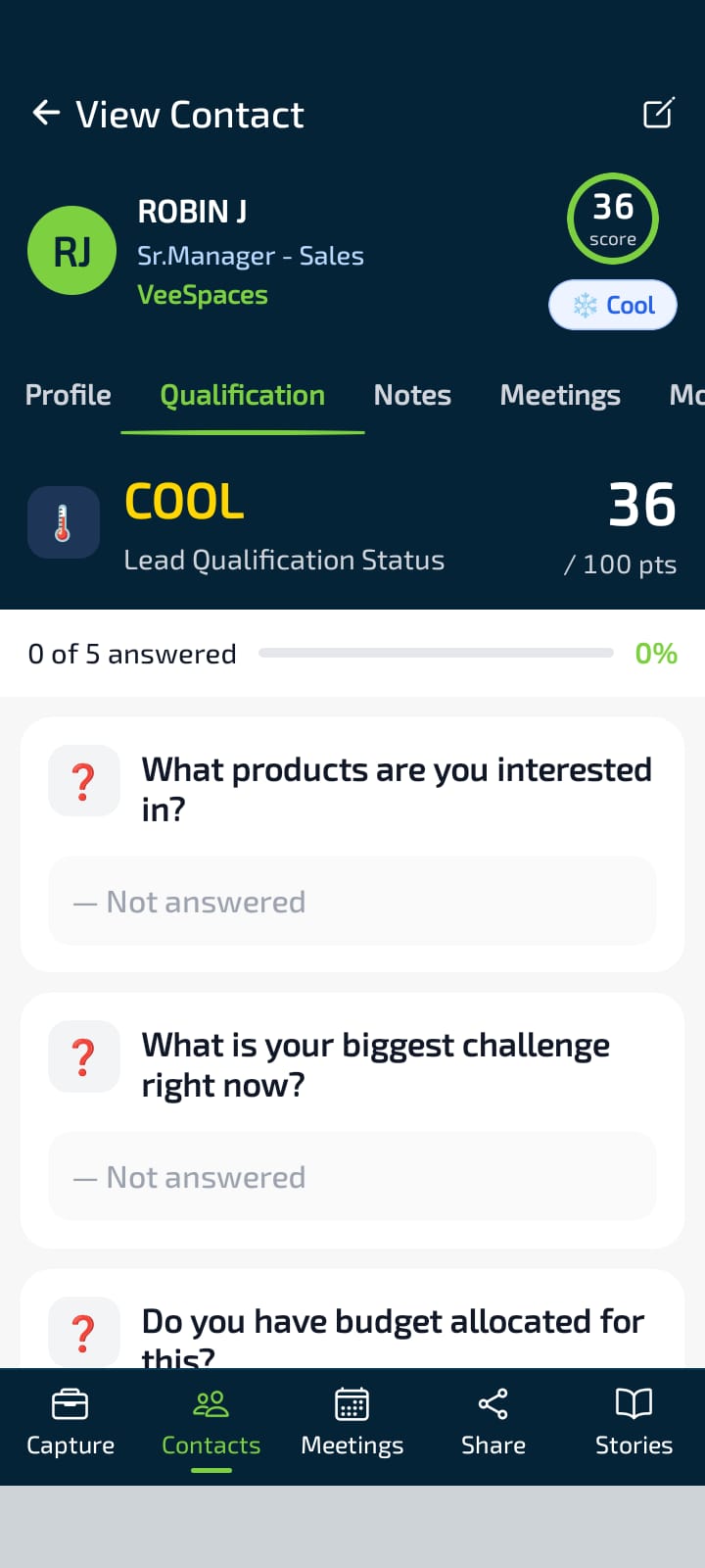 Qualification tab — answer booth questions to update lead score automatically