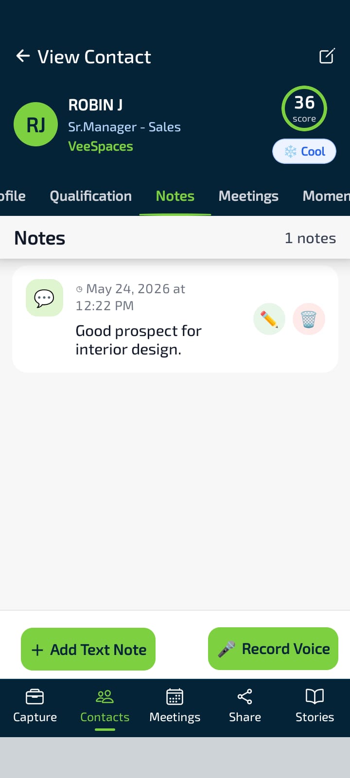 Notes tab — text notes with timestamps; add text or voice notes