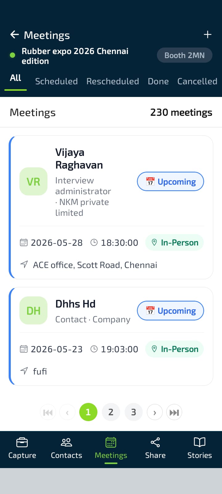 Meetings screen — all meetings with status, date, time, type, and location
