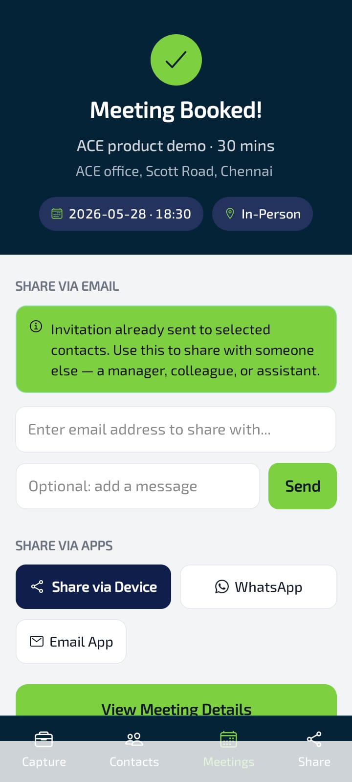Meeting Booked confirmation — share details via email, WhatsApp, or device sharing