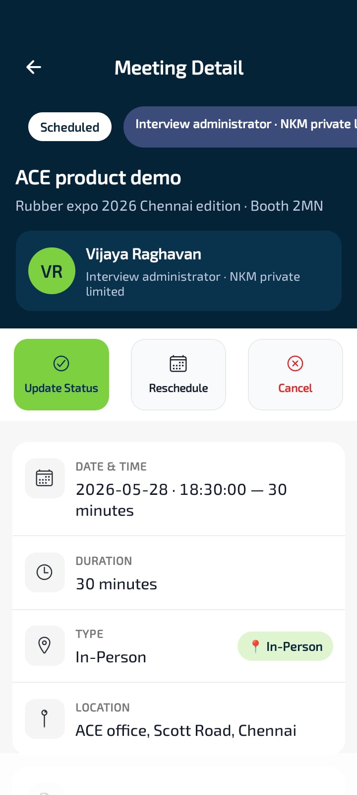 Meeting Detail — full information with Update Status, Reschedule, and Cancel actions