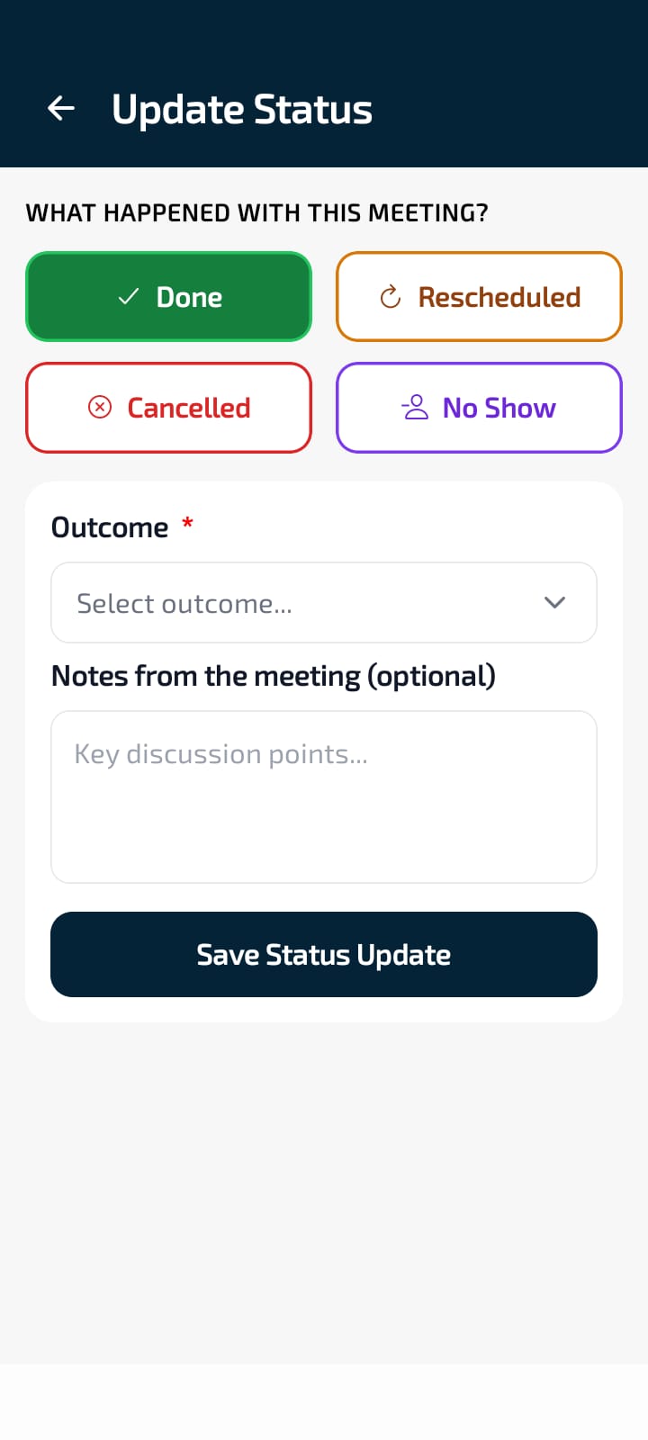 Update Status — record meeting outcome with notes