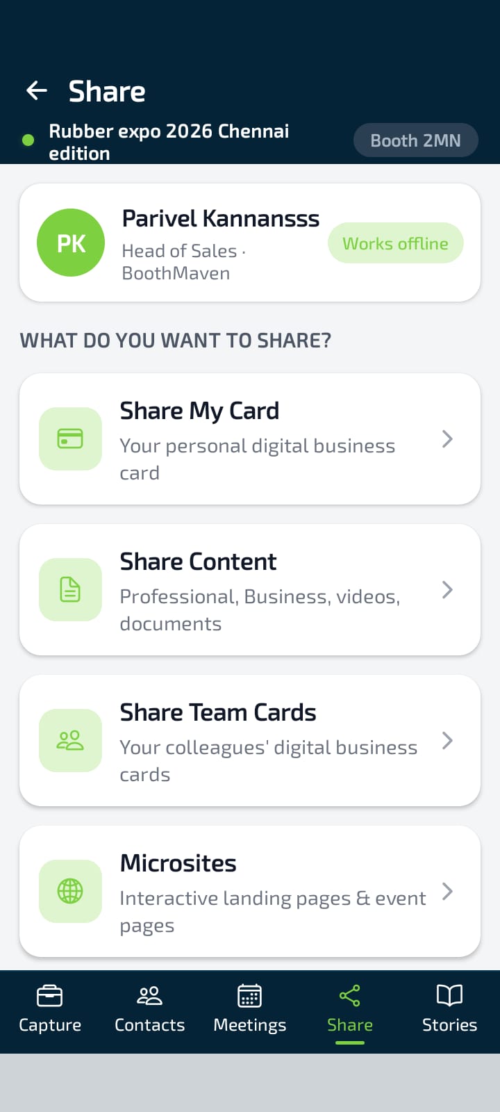 Share screen — four sharing options: My Card, Content, Team Cards, and Microsites