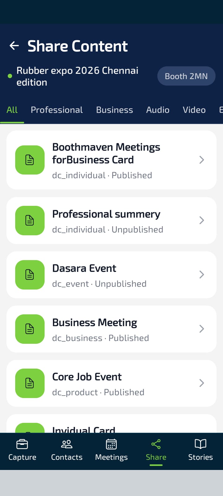 Share Content — browse all published cards and assets by type