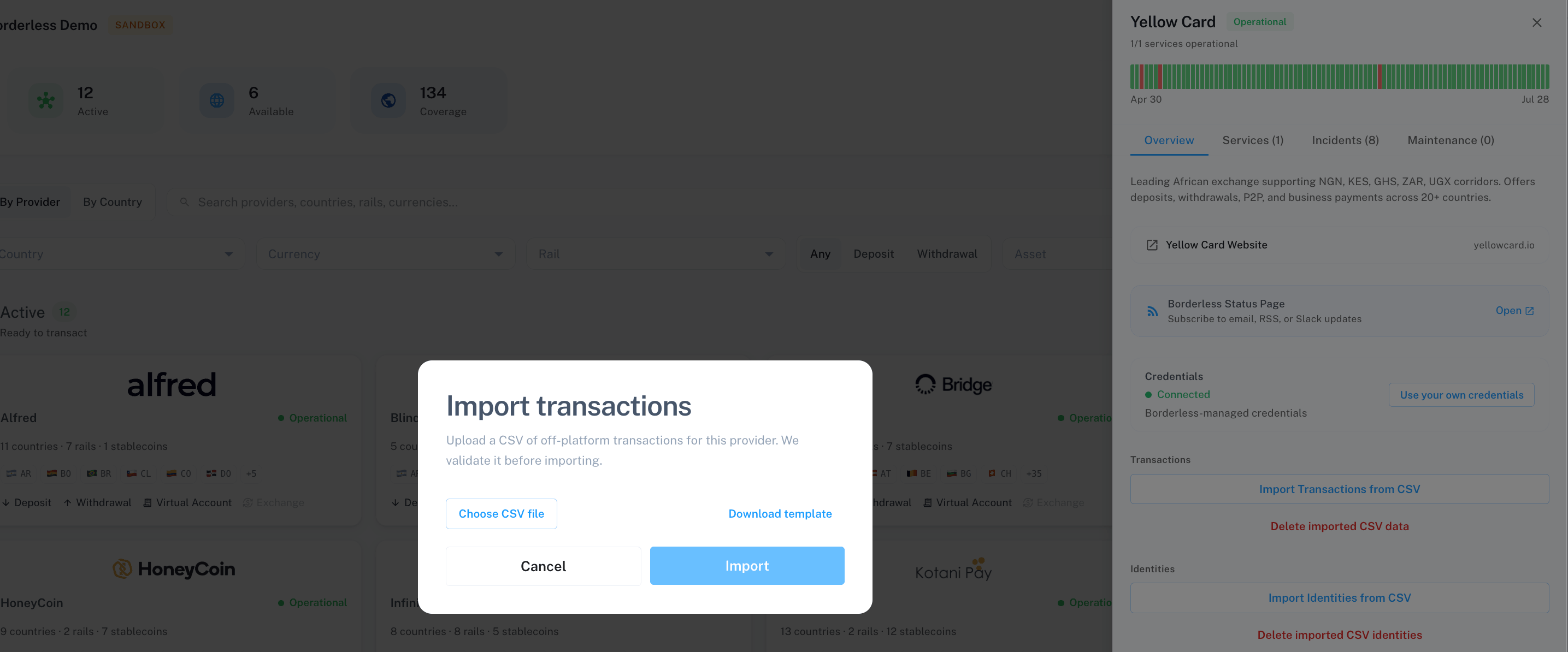 Import transactions modal with Choose CSV file and Download template