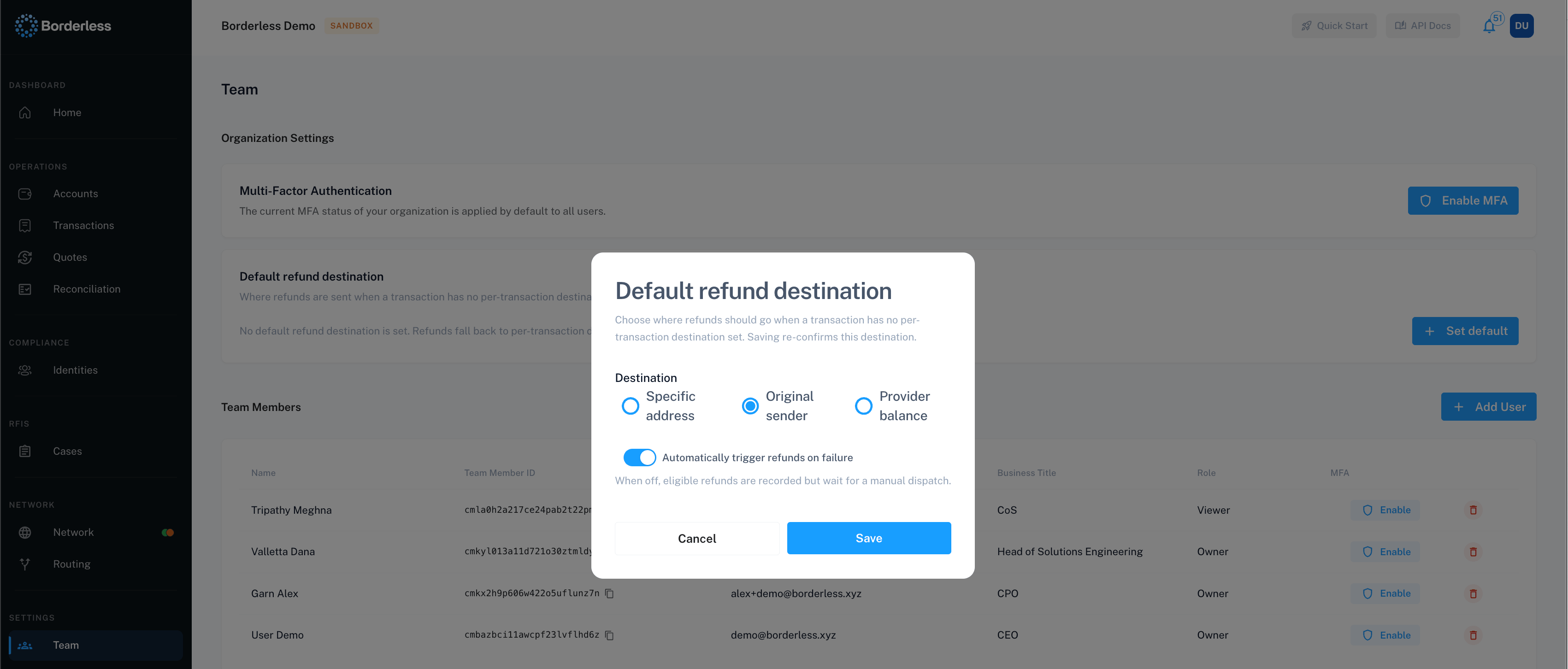 Default refund destination modal on the Team page, with destination options and the automatic refund toggle