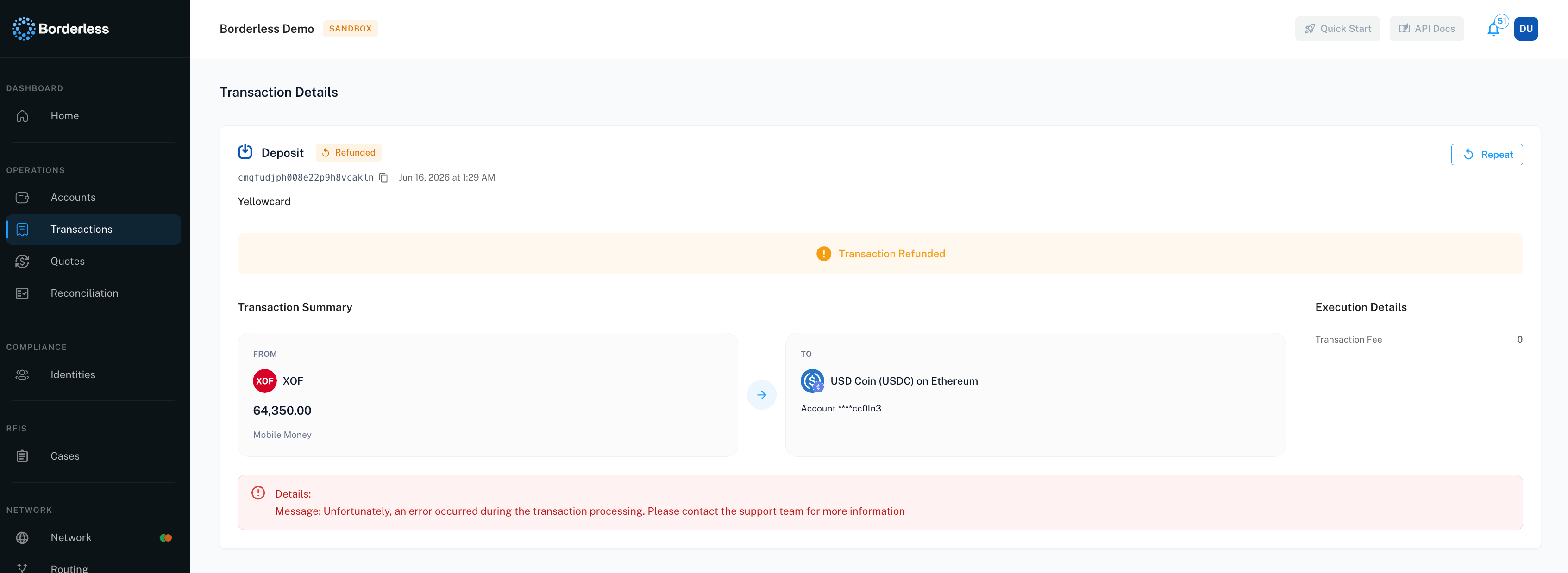 Transaction detail page for a refunded deposit, showing the Refunded status and the failure reason