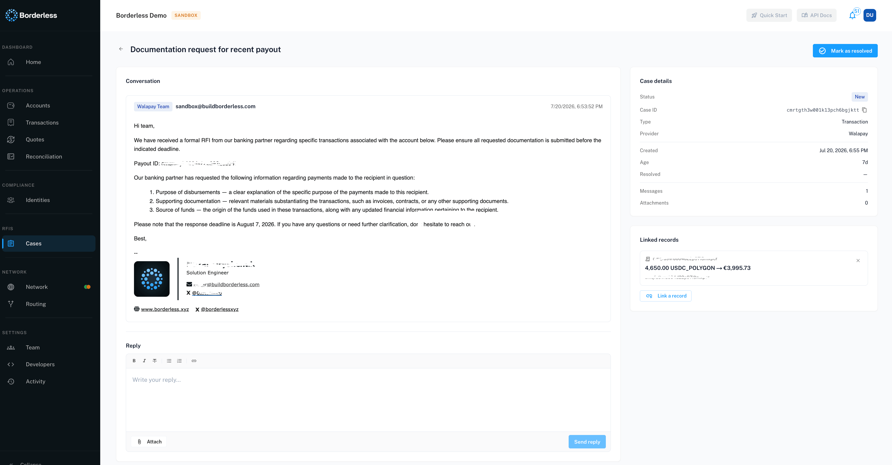Case detail page showing the Conversation thread and the Reply composer