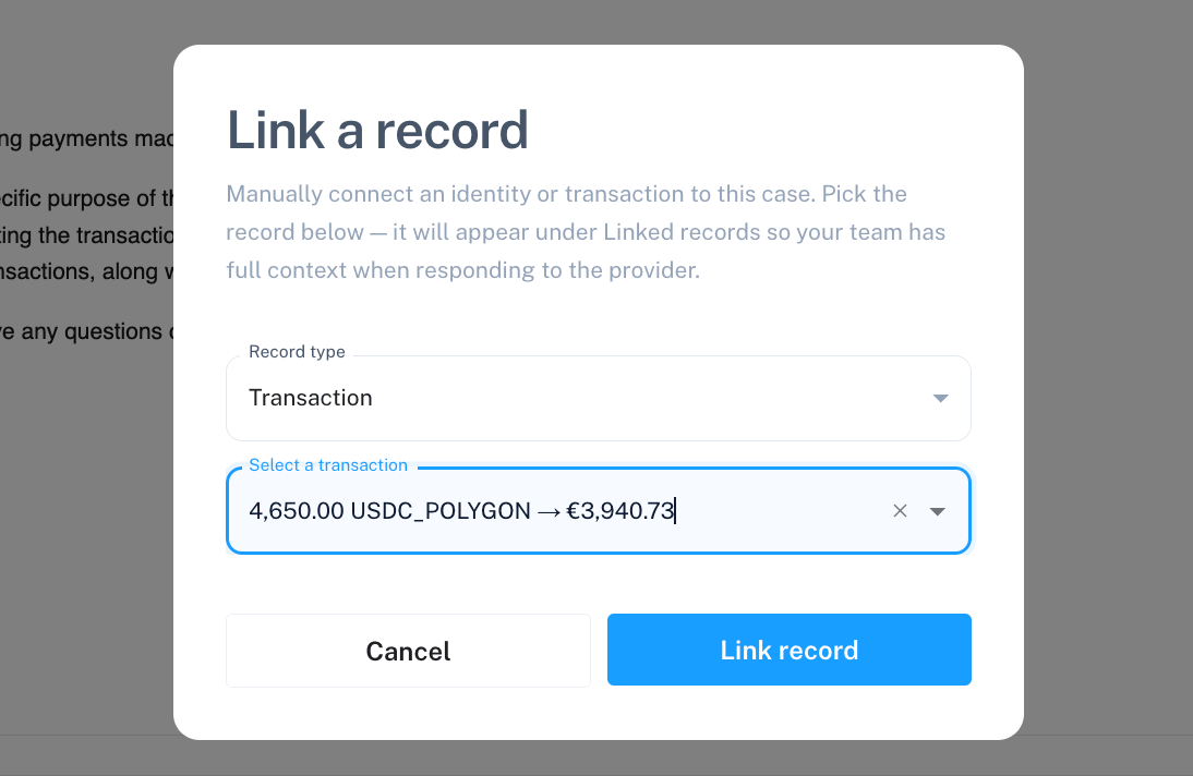 Link a record modal with Record type and search fields