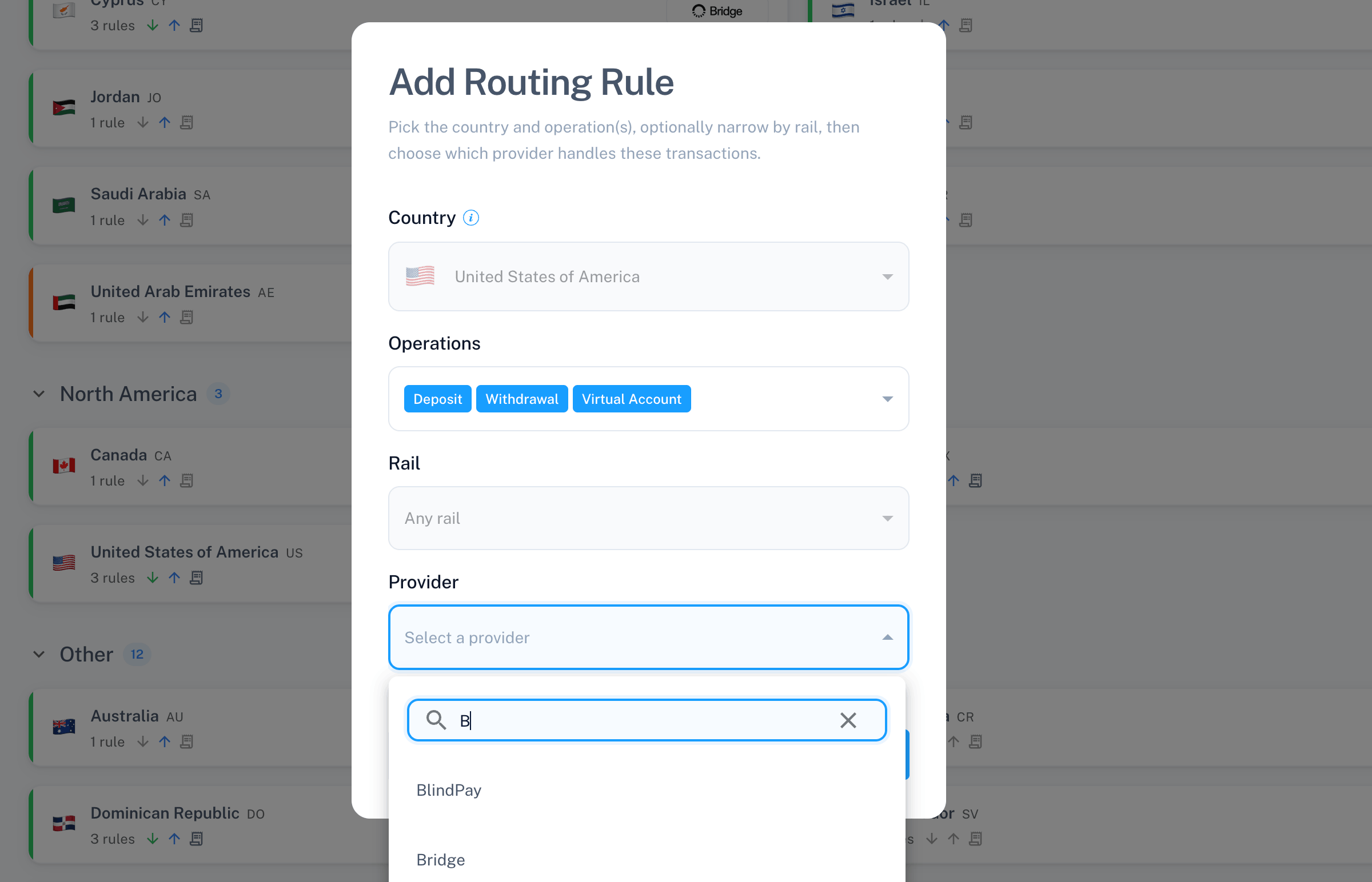 Add Routing Rule modal with country, operations, rail, and provider fields