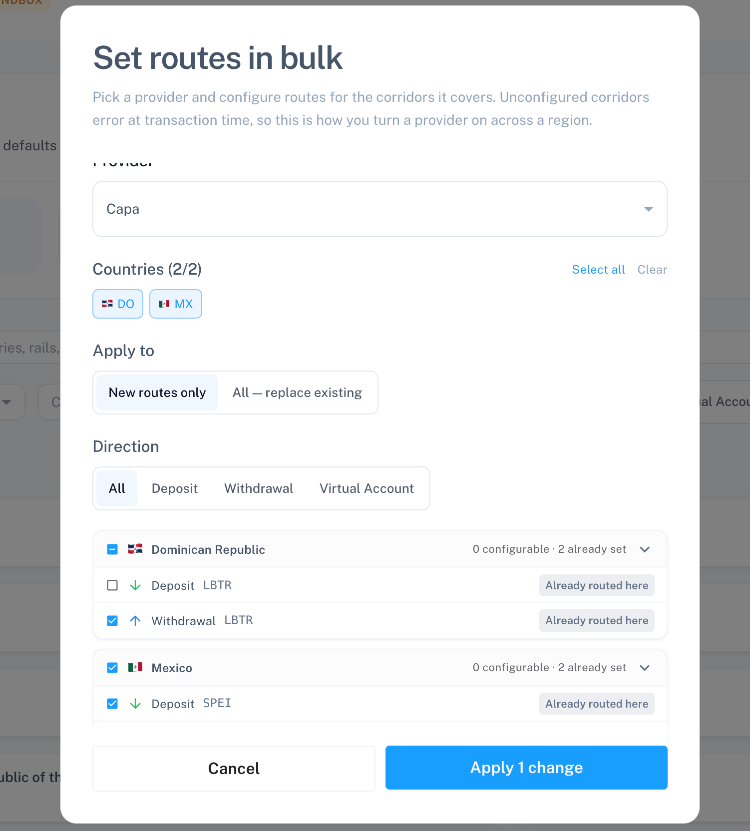 Set routes in bulk modal with country chips and corridor checklist