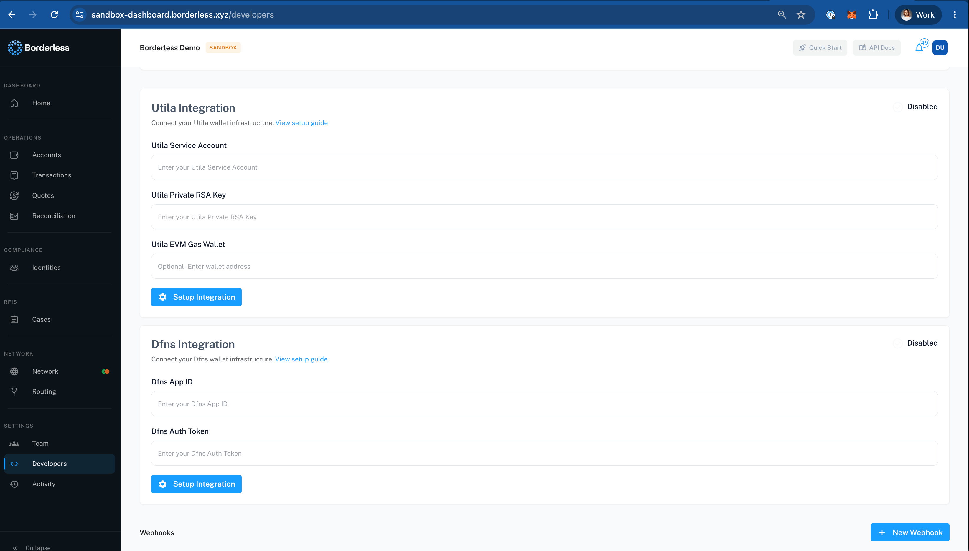 Developer Settings with Integration cards