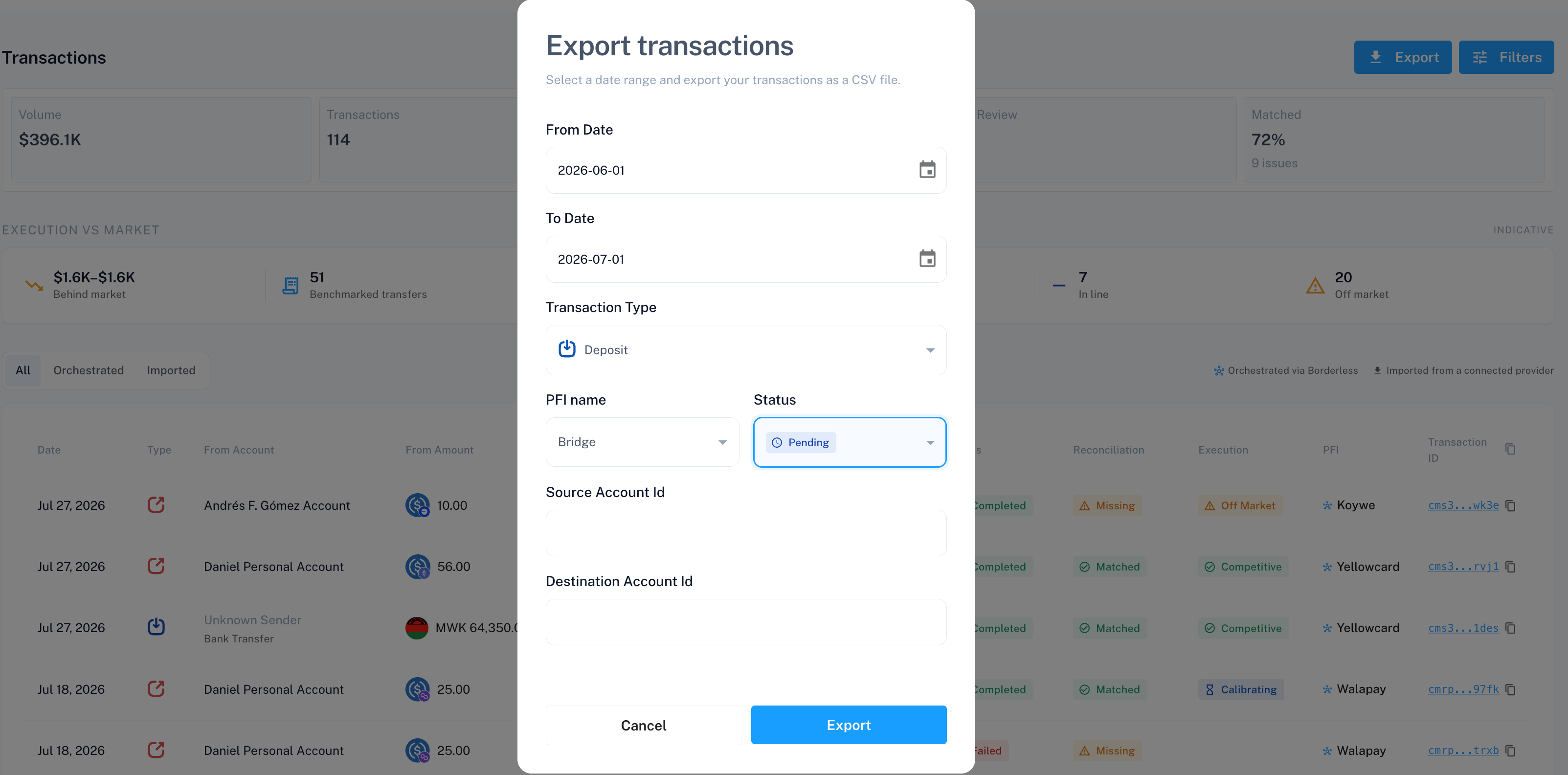 Export transactions modal with date range and filter fields