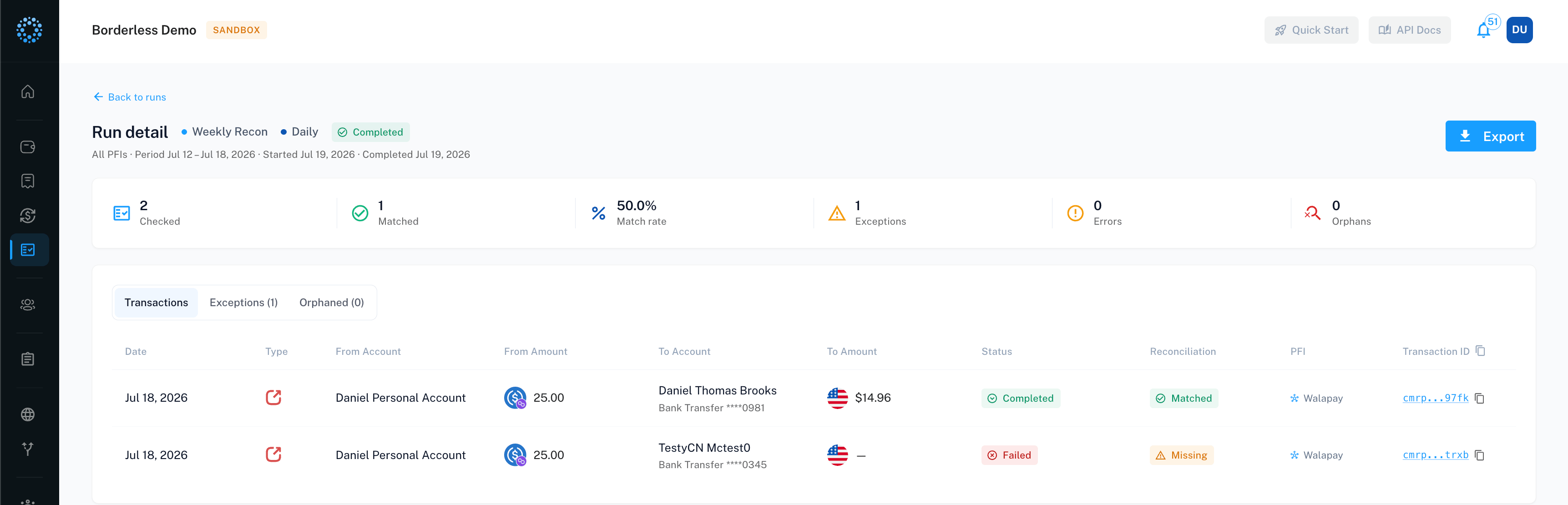 Run detail page with the Export button in the header