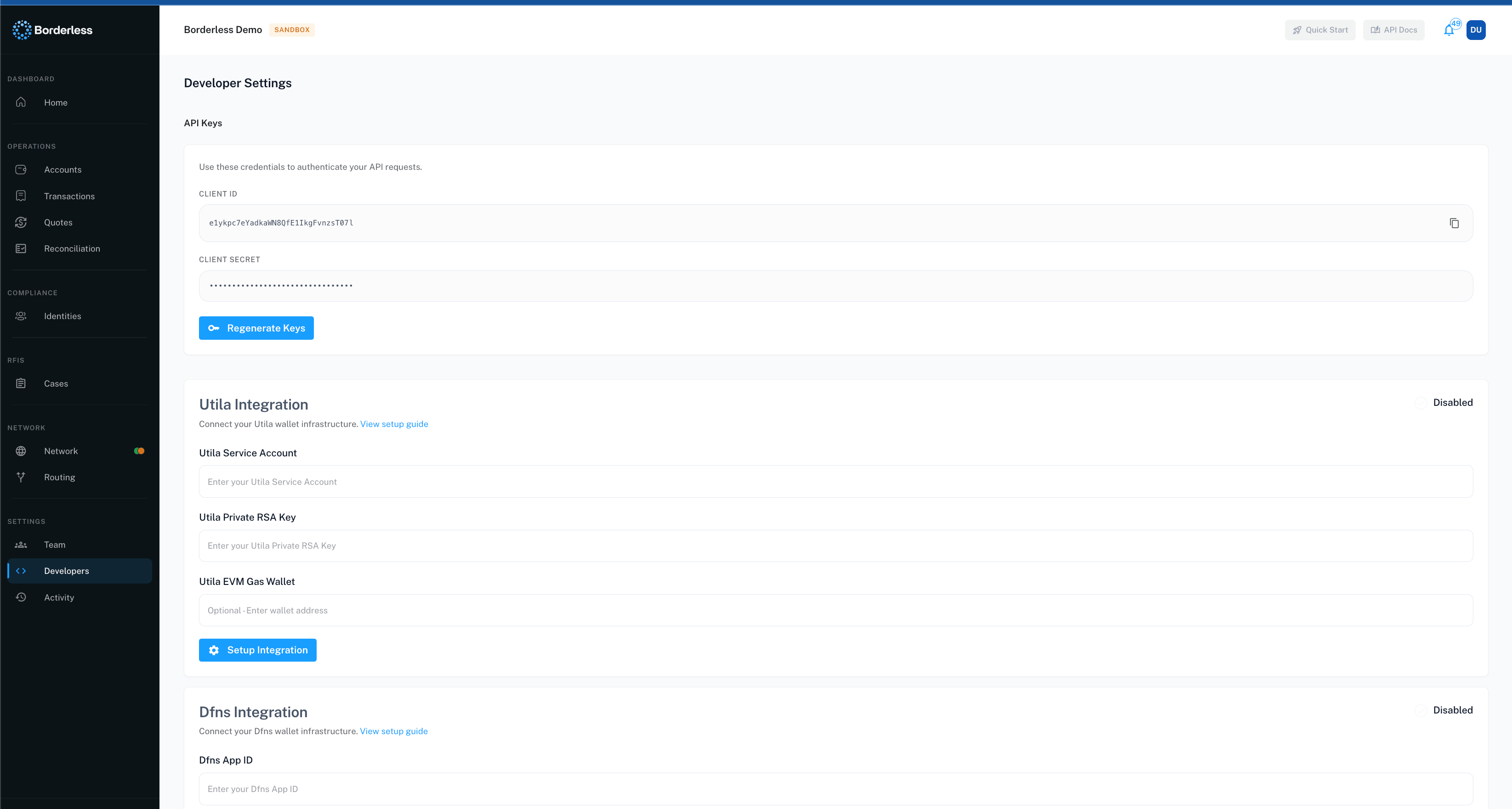 Developer Settings page