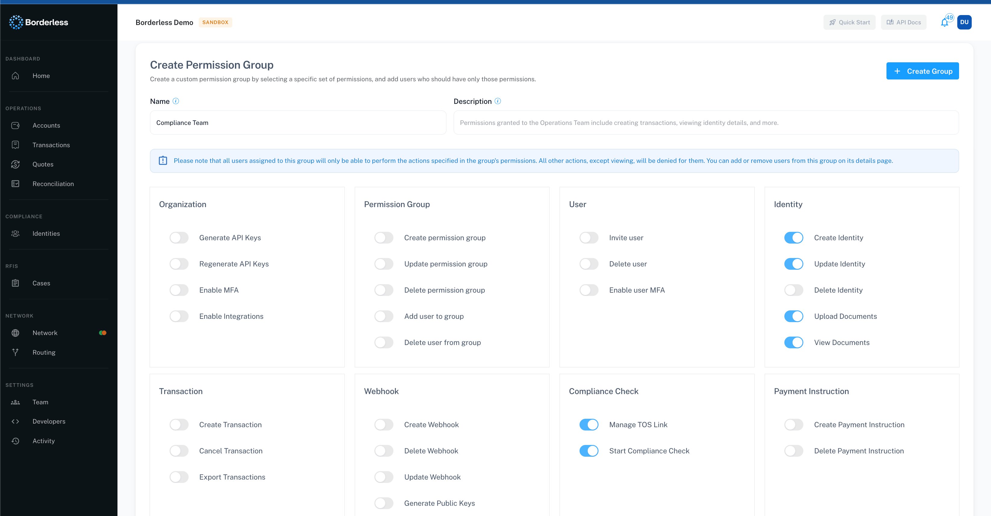 Create Permission Group form