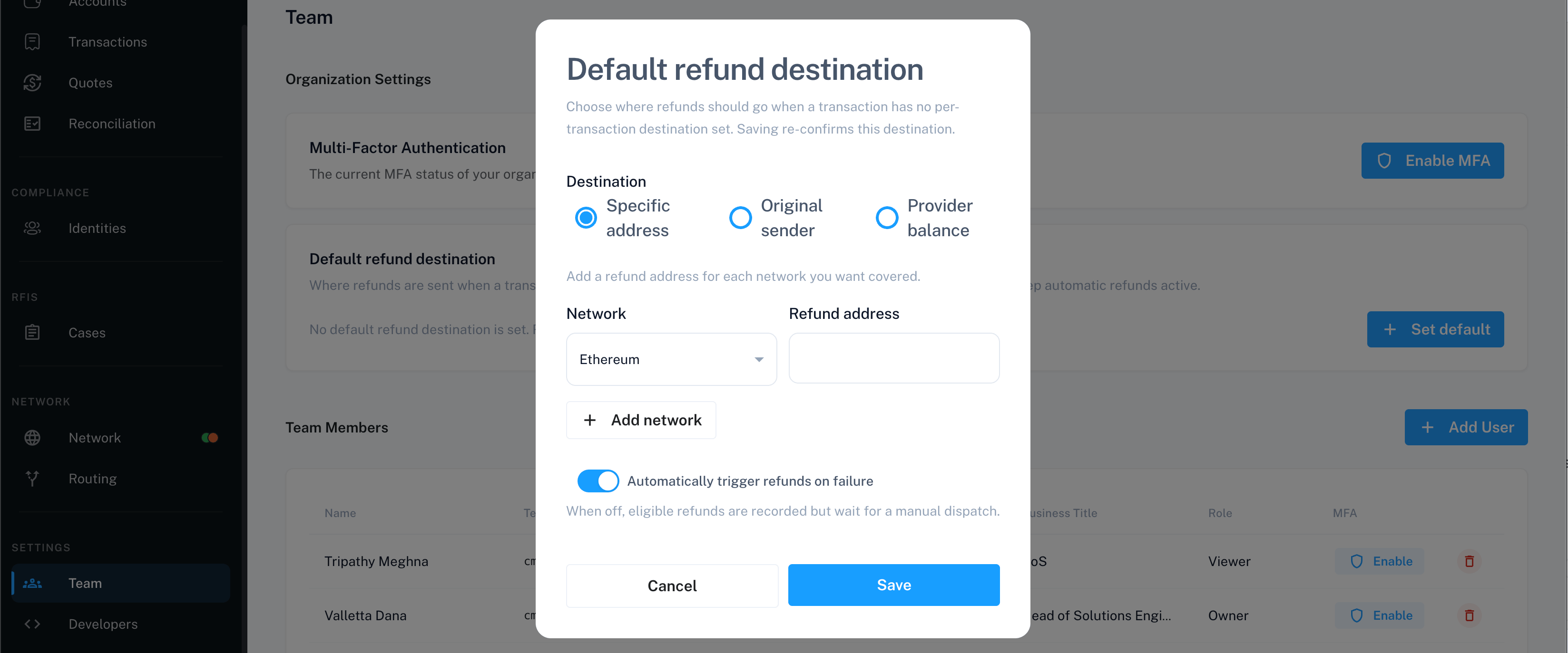 Refund destination modal