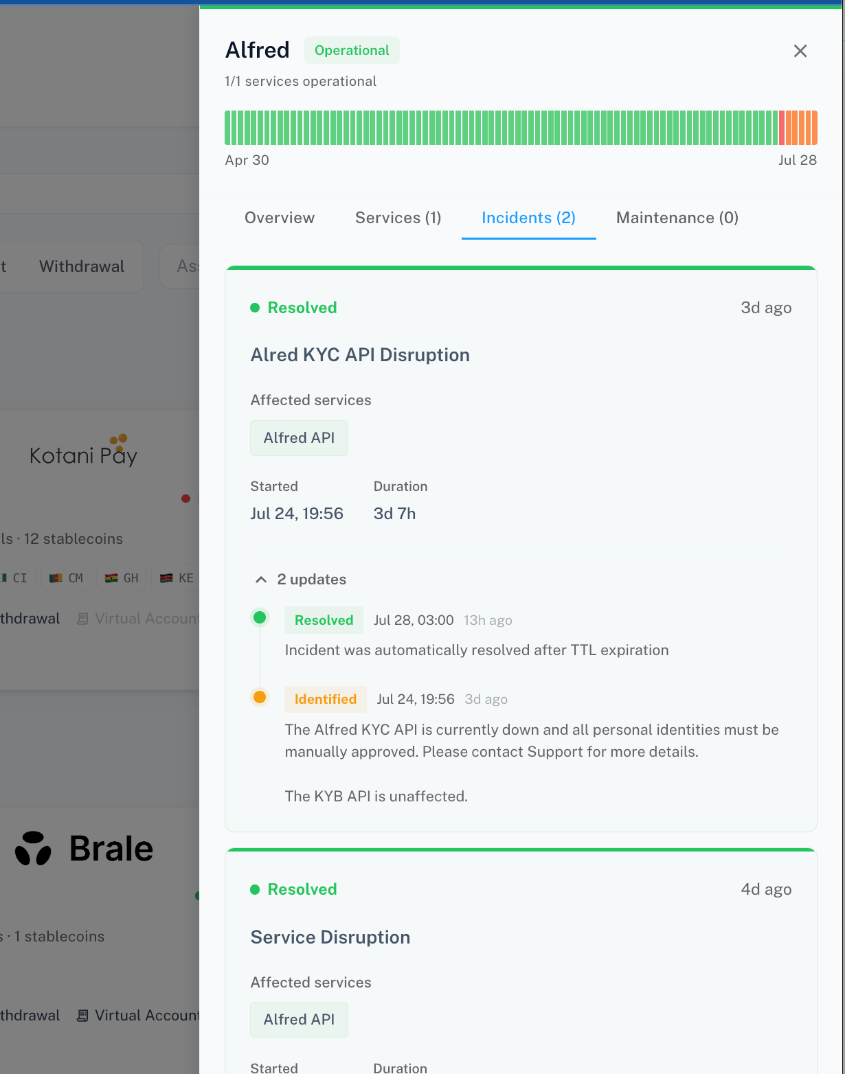 Incidents tab with an expanded update timeline