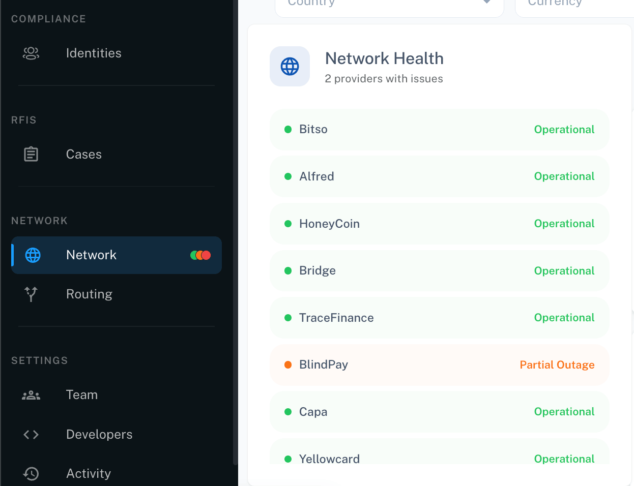 Nav showing the Network item with status dots, next to the Network Health panel