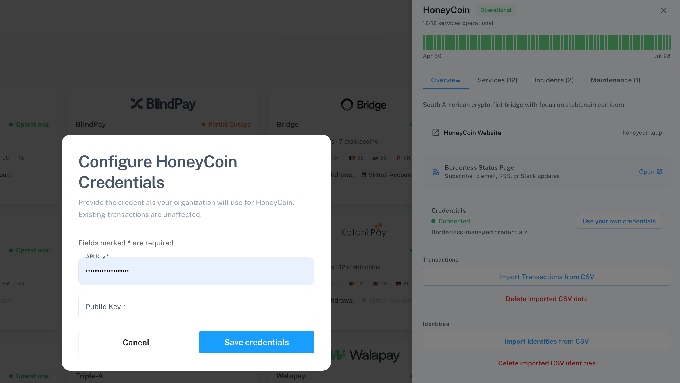 Credentials modal with API Key and API Secret fields