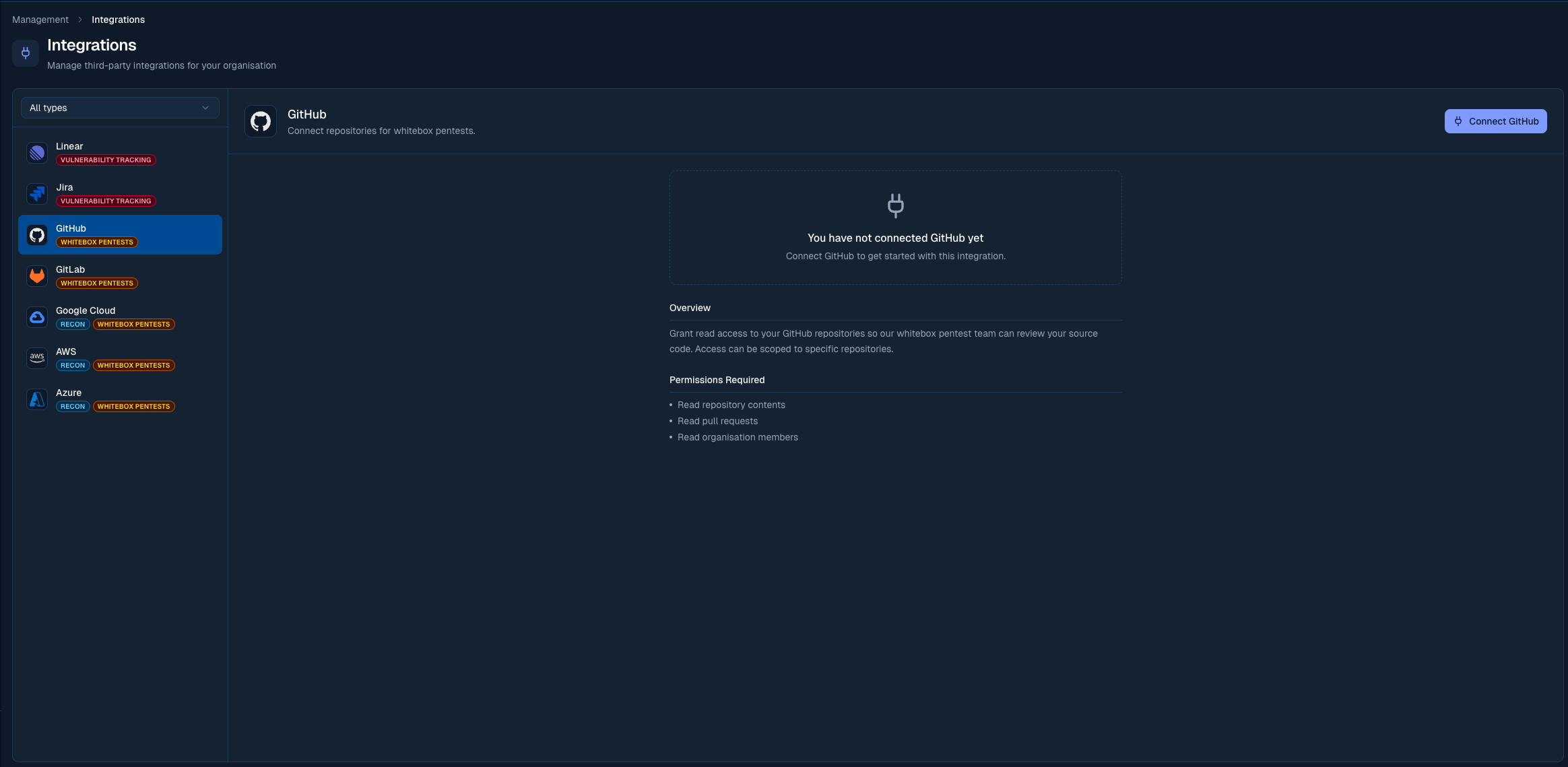 Odin integrations page showing the GitHub connect flow