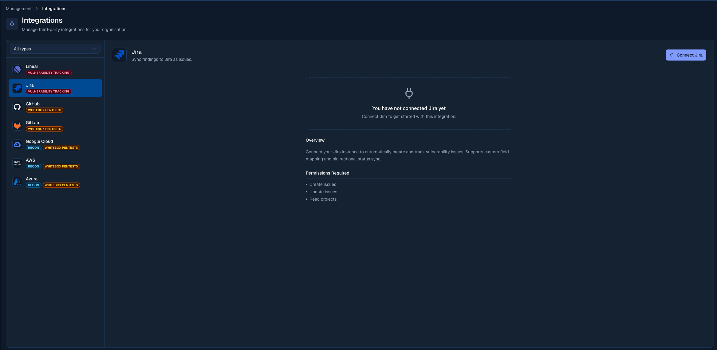 Odin integrations page showing the Jira connect flow