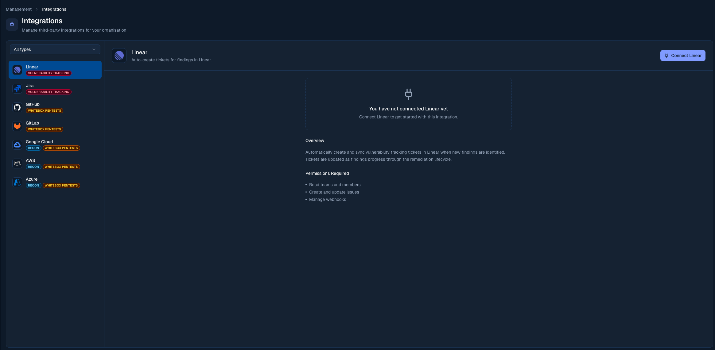 Odin integrations page showing the Linear connect flow