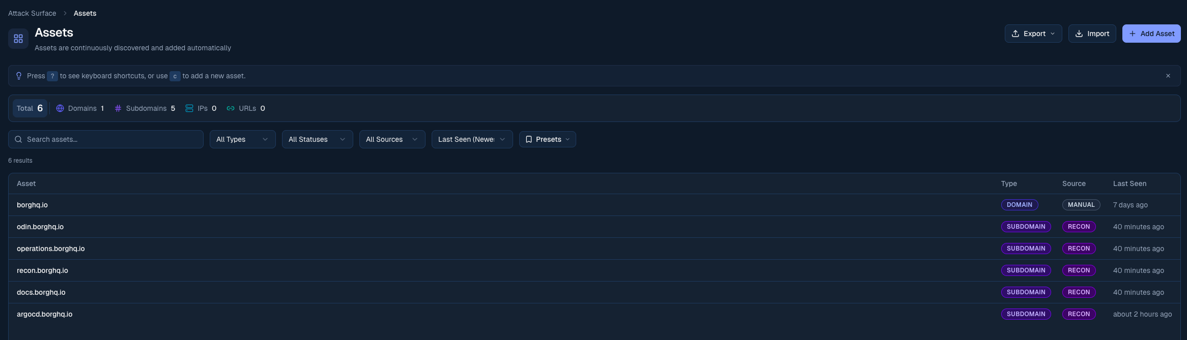 Odin attack surface assets view showing discovered domains and IPs