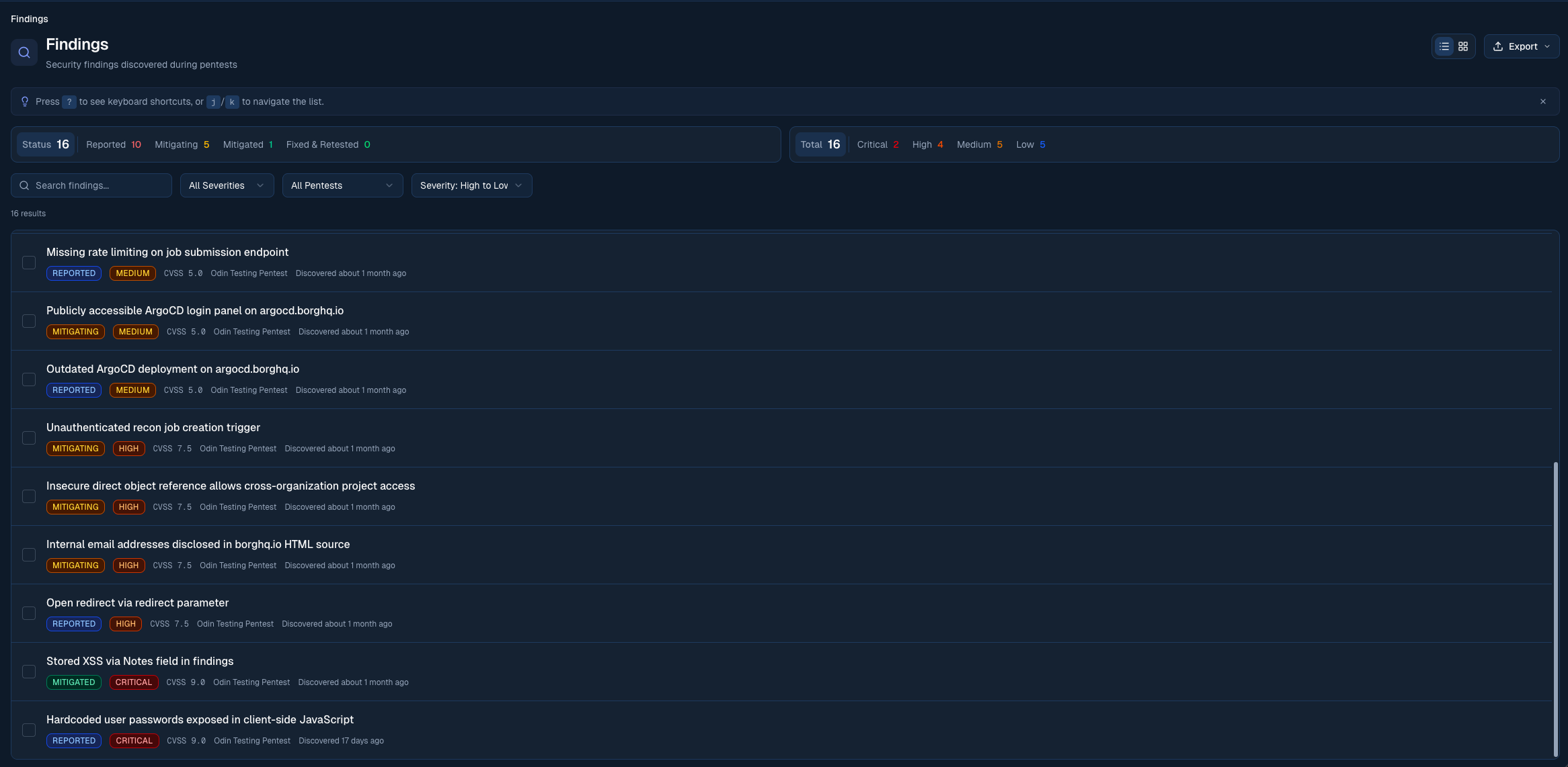 Odin findings dashboard showing a list of security findings with severity indicators