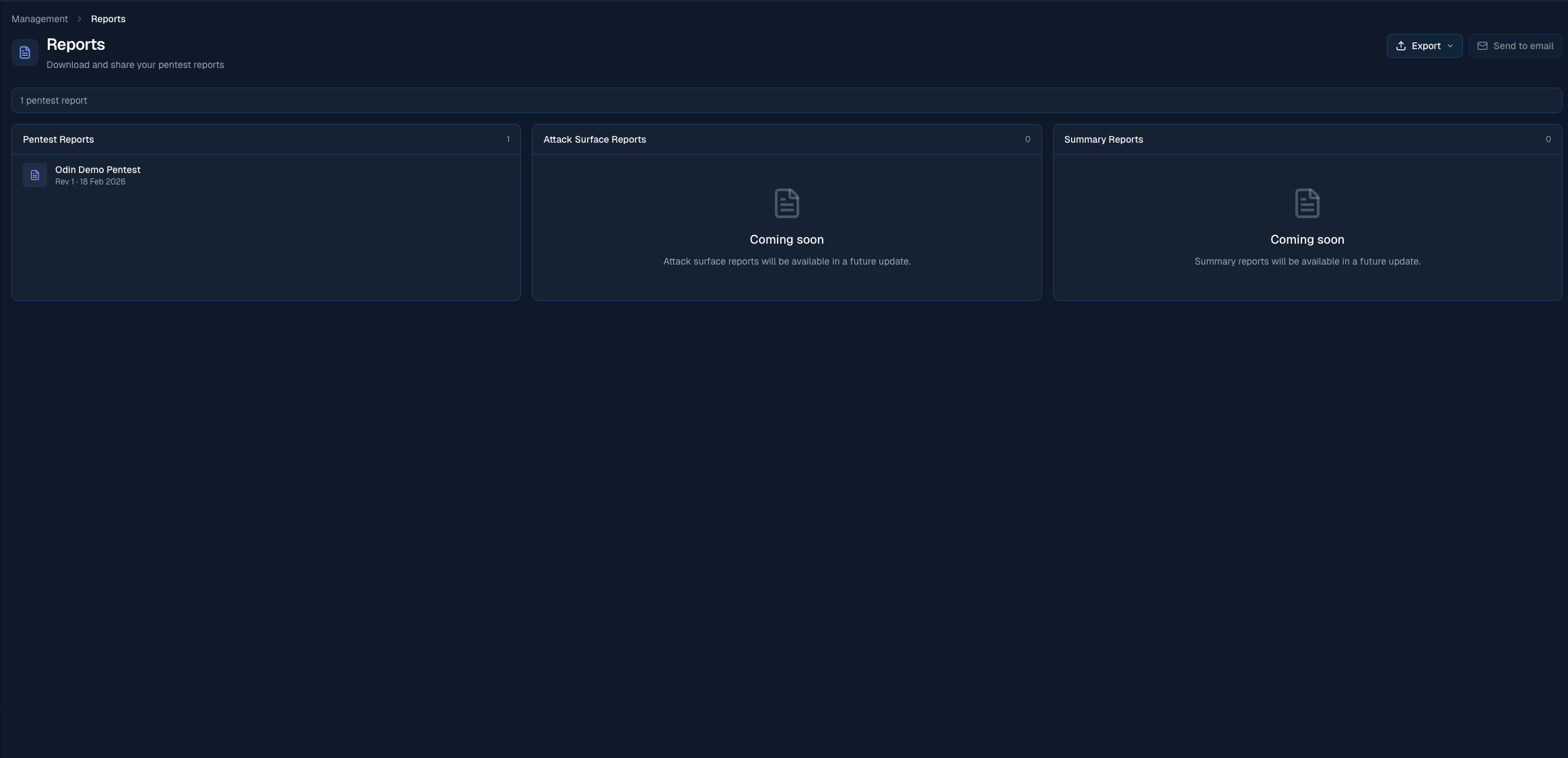 Odin reports page showing export options