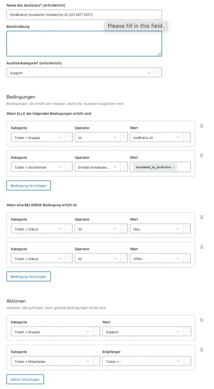 Zendesk trigger configuration for AI-initiated escalations