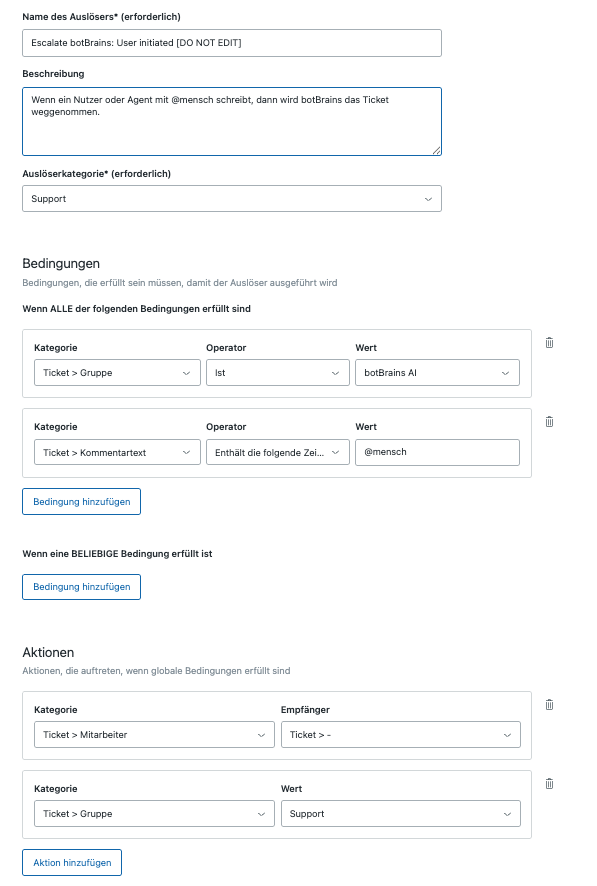 Zendesk trigger configuration for human-initiated escalations