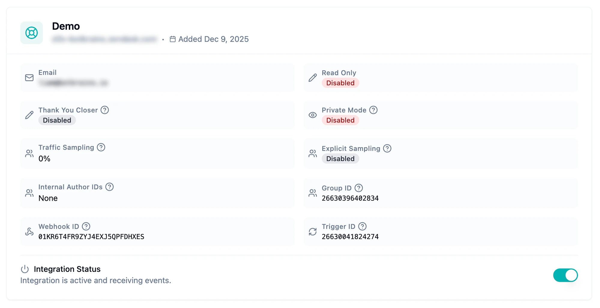 botBrains Zendesk integration settings panel showing Traffic Sampling, Explicit Sampling, Thank You Closer, and other configuration options