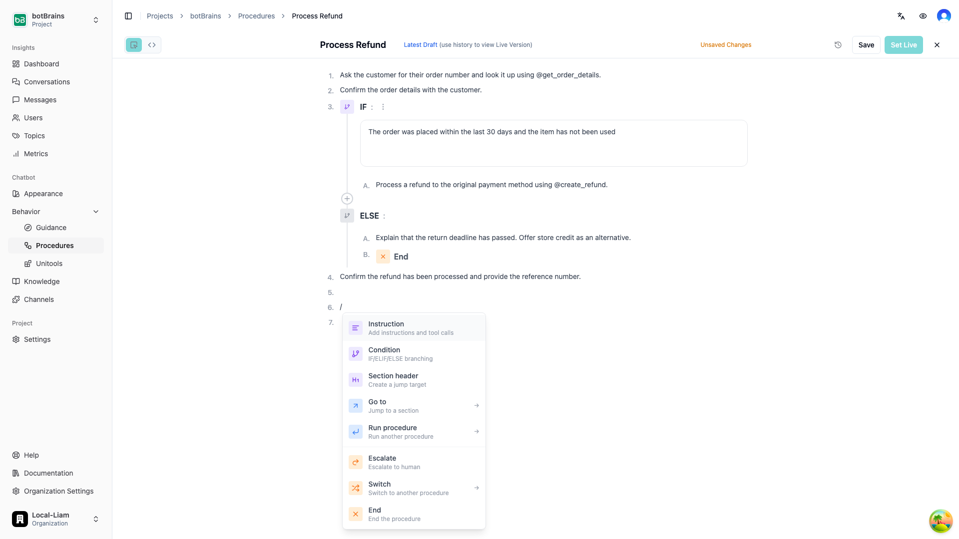 Slash command menu showing available block types: Instruction, Condition, Section header, Go to, Run procedure, Escalate, Switch, End