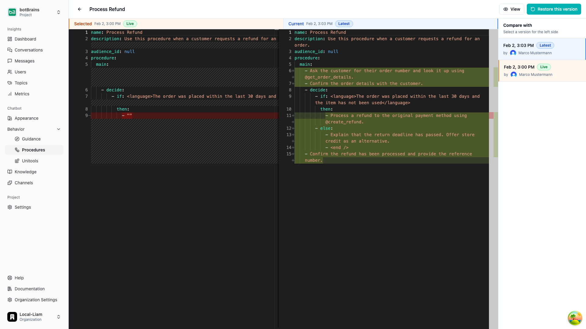Version history showing a side-by-side diff between two versions with added and removed lines highlighted