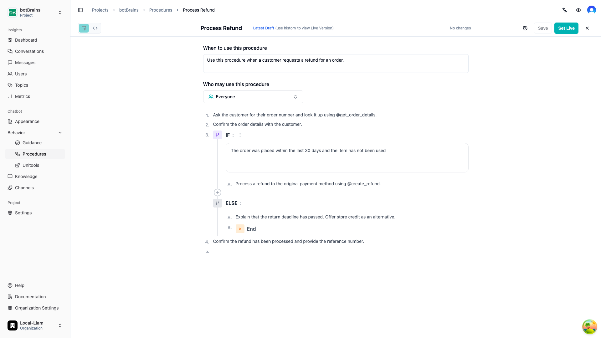 Visual Editor showing a refund procedure with instruction steps and an IF/ELSE condition block
