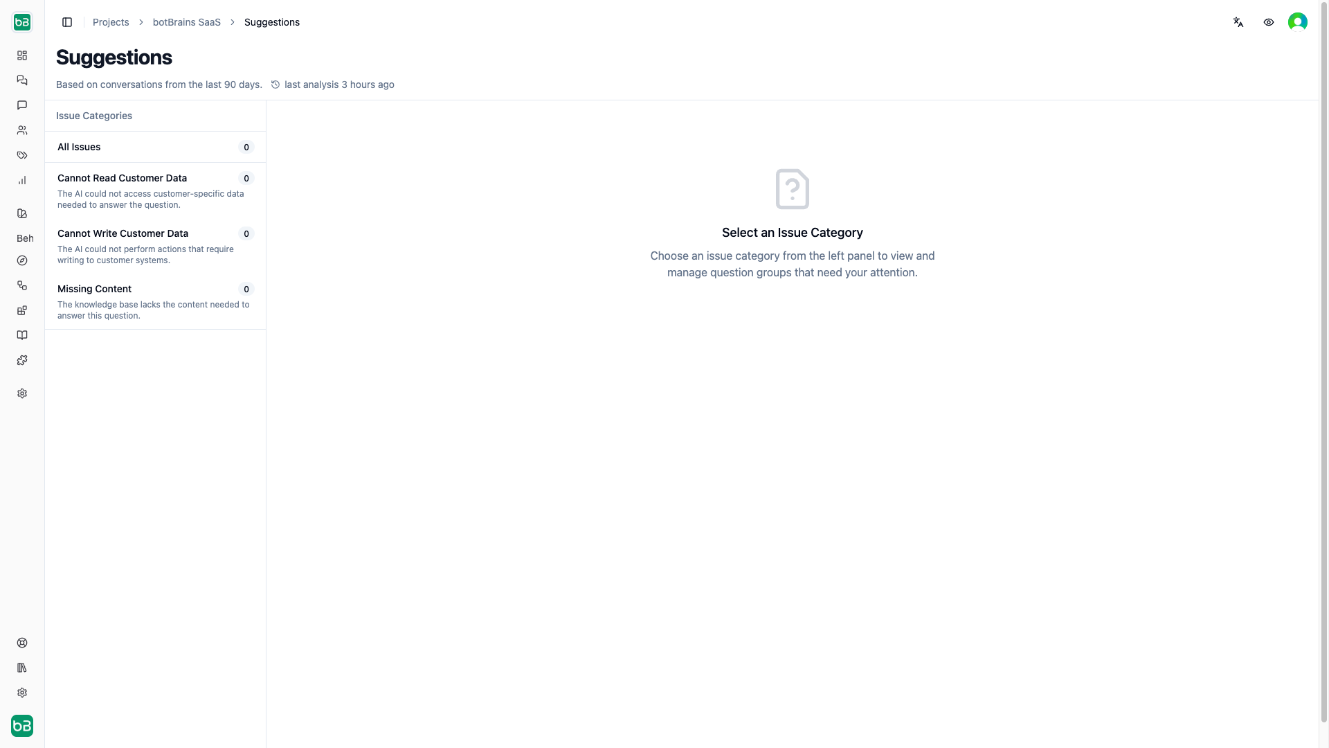 Suggestions panel showing clusters of unanswered questions categorized by issue type, with pending and accepted suggestions