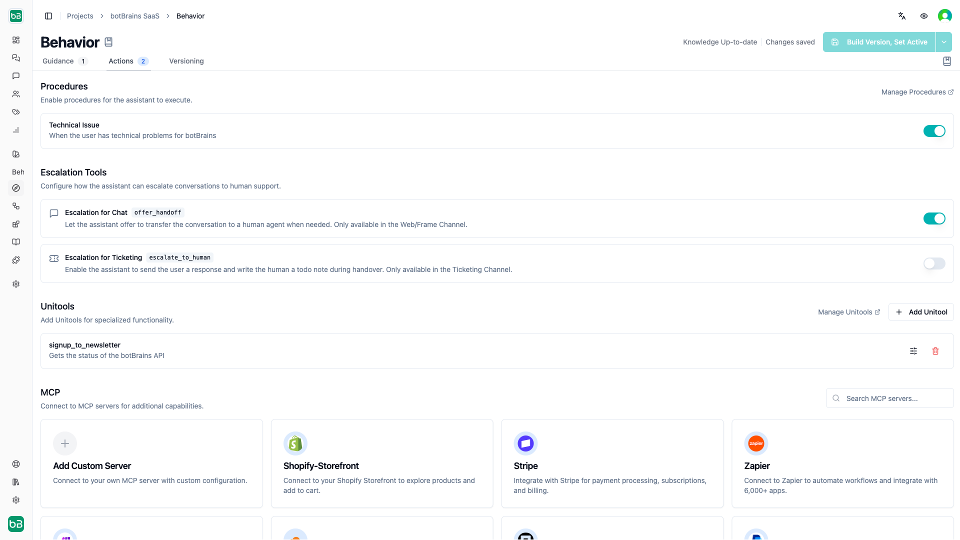 Behavior page with preview panel on the right showing AI testing interface