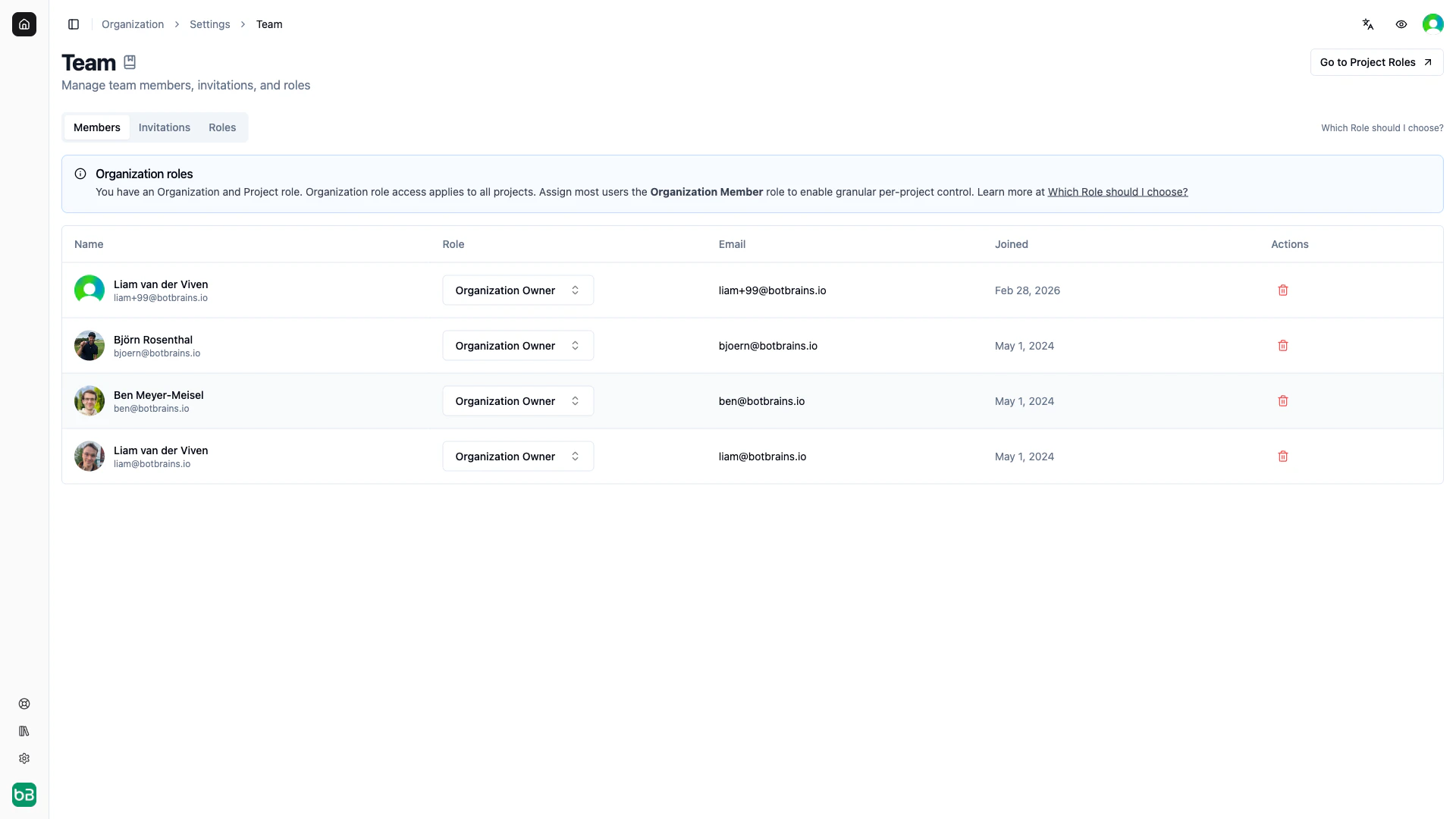 Invite User dialog showing email input field and organization role selector dropdown